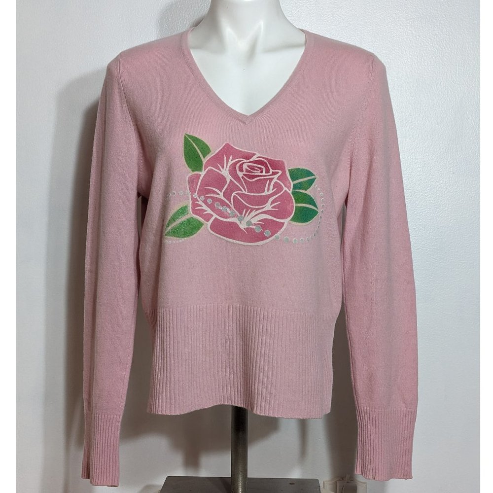 Cashmere Painted Flower Rose Beads Button Sweater